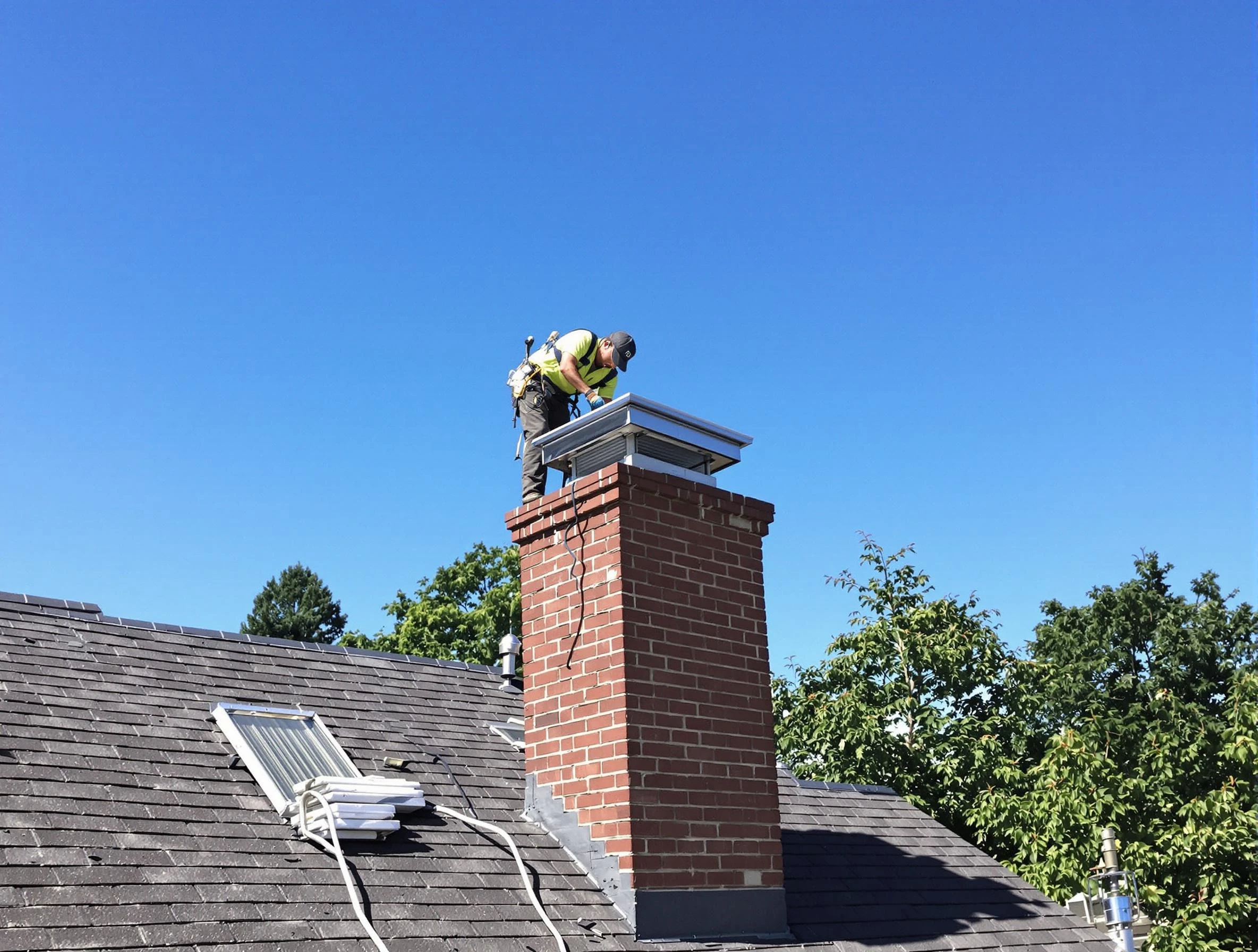 North Decatur Chimney Sweep technician measuring a chimney cap in North Decatur, GA